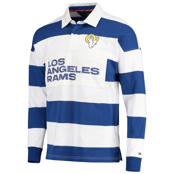 Men's Tommy Hilfiger Los Angeles Rams Varsity Stripe Rugby Long Sleeve Polo - Picture 3 of 7